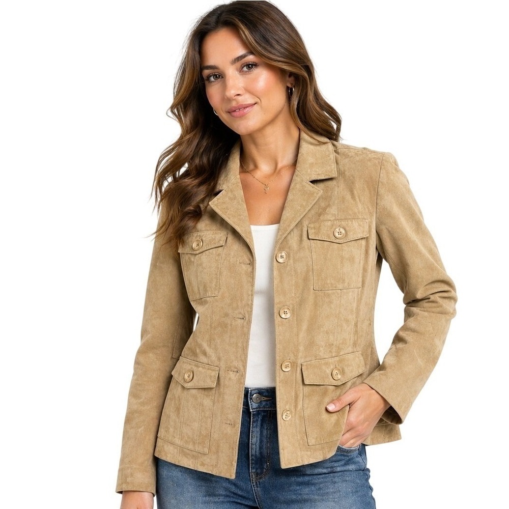 Mossimo Suede Leather Jacket Womens L Tan Safari Utility Button Front Boho Coat